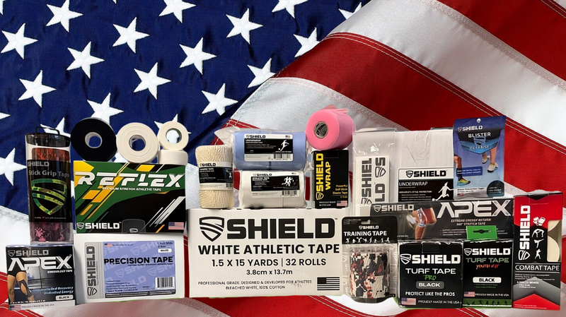 Collection of athletic tape brands with a U.S. flag background