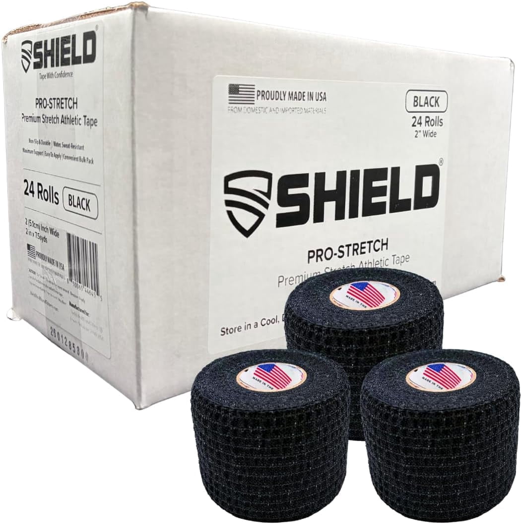 Shield Pro - Stretch Premium Elastic Athletic Tape - 2 Inch Black 24 Roll Case - Elastic Sports Tape for Training Support Tape for Teams Clinics and Athletic Trainers (540 Total Stretch feet) - Shield Health & Fitness